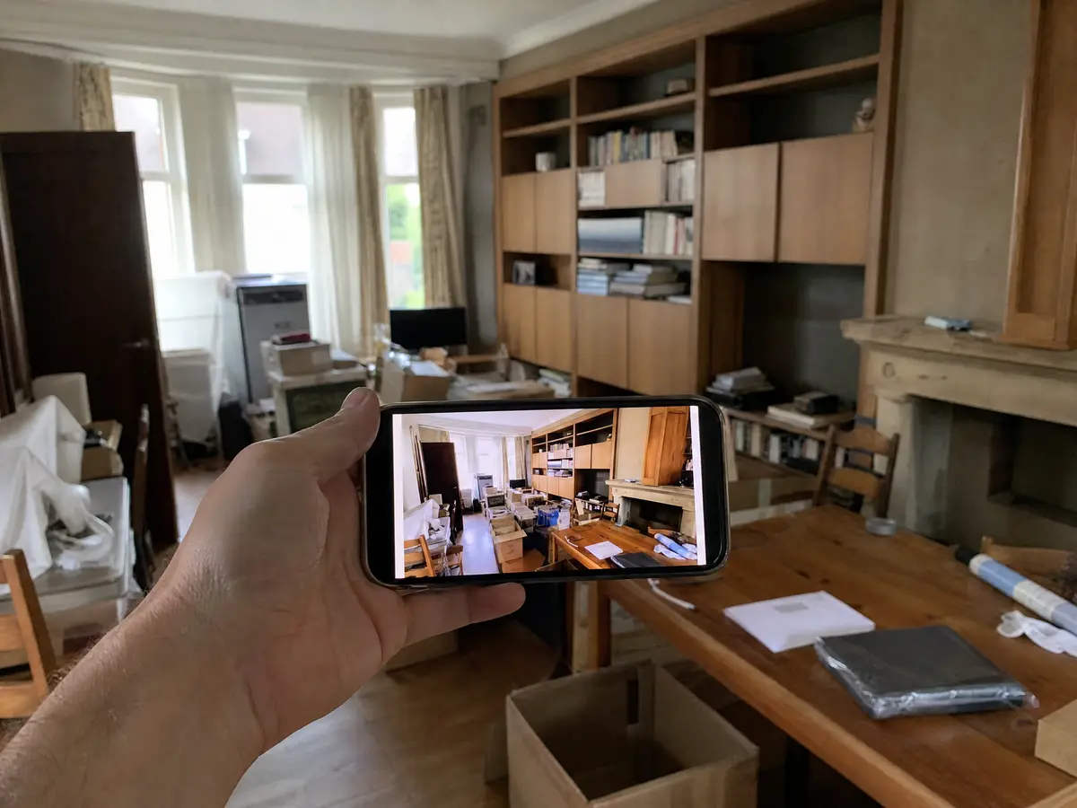 Someone photographs a full living room with a smartphone to ask for a house clearance price